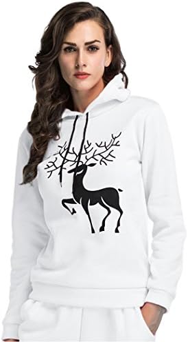 Fumx Women's Print Long Sleeve Hoodie Jackets Pullover Fleece Top Blouse Hooded Sweatshirts White L