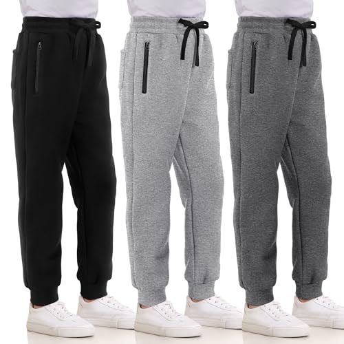 3 Pack Boys Sweatpants Fleece Cotton Athletic Pants Boys Joggers with Zipper Pockets Kids Youth Workout Sweat Pants Size 5-16
