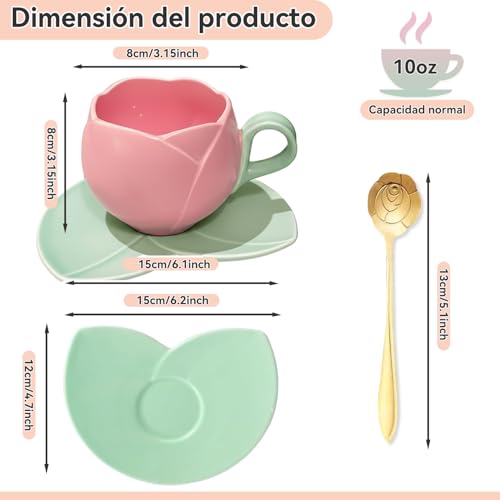 Taza de Café,Taza De Tulipan con Cuchara y portavasos,Juego de Tazas,Hermosa Taza En Forma De Tulipan,con plato y cuchara de cerámica.,para Regalos Mamá, Mujer, Cumpleaños y San Valentín(Rosa)