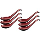 Happy Sales Melamine Soba, Rice Spoons, Chinese Won Ton Soup Spoon, Asian Red and Black, 6 Pack Ladle Style
