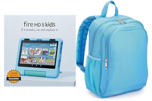 Amazon Fire HD 8 Kids tablet, ages 3-7 (32 GB, Blue) + Backpack Bundle