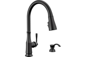 Delta Capertee Matte Black Kitchen Faucet with Pull Down Sprayer and Soap Dispenser, Modern Single Hole Kitchen Sink Faucet, Single Handle, Matte Black 19877Z-BLSD-DST
