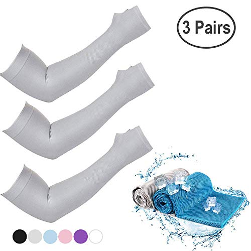 Arm Sleeves for Women Men UV Protection Cooling, Talshy Sleeves to Cover Arms Warmers Sports Compression Sleeves Tattoo Covers with Cooling Towel for Boy Girls Cycling Running Basketball Football Gray