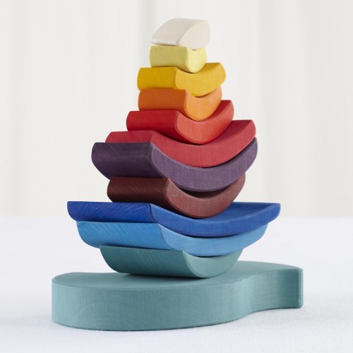 Grimm's Giant "Boat on the Water" Wooden Rainbow Stacking Tower, 11 Blocks