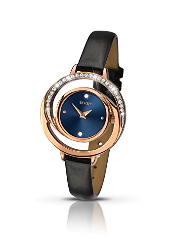 Seksy By Sekonda Ladies Stone Set Watch Blue and Rose Gold Face, Black Strap 2142