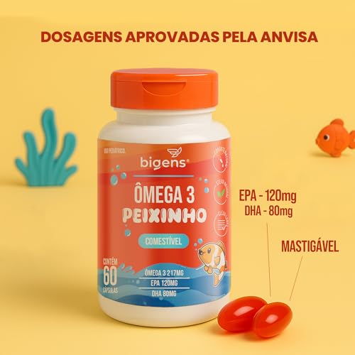 Ômega 3 Peixinho, Concentrado em EPA e DHA, Sabor laranja, 60 Caps Mastigáveis, Bigens