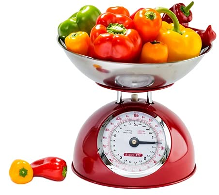 Steelex Traditional Kitchen Scales 5kg Capacity - Large Bowl with Pouring Lip (Red)