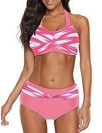 ReachMe Trajes de baño de dos piezas con cintura alta, acolchados, a rayas, para dama