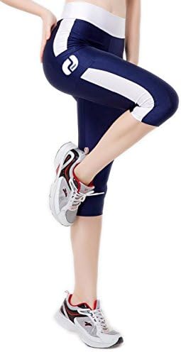 Ribay Women's Capri Workout Leggings - Guaranteed Quality Yoga/Running Pants (Large, White-Blue)