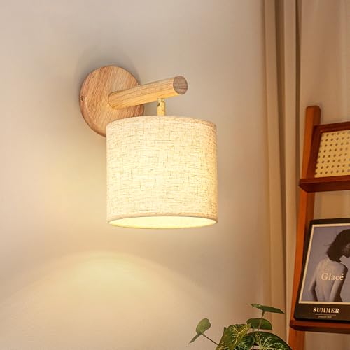 Gleonlux Vintage Interior Wall Light, Industrial Wood Wall Light E14, Retro Wall Lamp Fabric Lampshade, Sconces for Bedroom, Hallway, Living Room, Stairs, Bulb Not Included, Linen