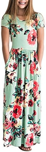 STKAT Girl's Kids Floral Printed Short Sleeve Pleated Pockets Casual Long Maxi Dress
