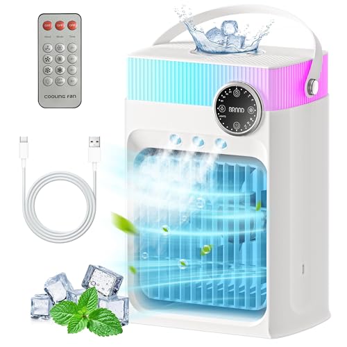 Portable Air Conditioners, Mini AC Unit Cooling Fan for Bedroom,1200ML Small Air Cooler Fans with Remote, 3 Mist,3 Speed,8 Light,2-8H Timer Personal AC Portable for Office Camping Car Desk(White)
