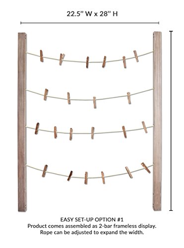 Reimagine Hanging Photo Display- Wood Wall Picture Frame Collage Board for Hanging Prints, Instax, Polaroid, Holiday Cards, Artwork- Display 2 Ways- Adjustable String, 40 Clothespin Clips- Rustic Grey