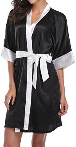 1STMALL STMALL Womens Short Pure Color Satin Bathrobe Wedding Bridesmaid Kimono, Black S