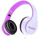 BestGot Headphones with Microphone for Girls Adult with Microphone in-line Volume, Included Transport Waterproof Bag, Foldable Headset with 3.5mm Plug Removable Cord (White/Pink)
