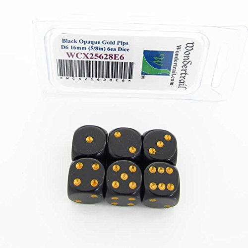 Black Opaque Dice Gold Pips D6 16mm Pack of 6 Wondertrail WCX25628E6