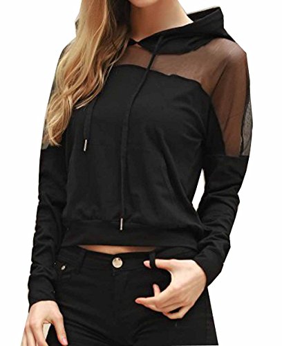 Women Black Mesh Stitching Patchwork Drawstring Pullover Hooded Crop Top Sweatshirt (L, Black)