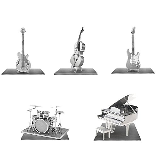 Set of 5 Metal Earth 3D Laser Cut Instrument Model Kits: Grand Piano - Bass Fiddle - Drum Set - Electric Bass Guitar - Electric Lead Guitar
