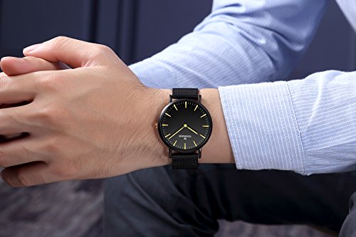 Tonnier Black Slim Stainless Steel Mesh Strap Mens Watch Quartz Watch for Men Golden Hands