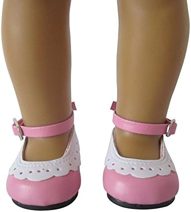 Dance Shoes For American Girl Dolls For Children's Day, Pink Toy Shoes With Ankle Strape And White Lace-Leather 18 inch, With Kawaii Gift Box