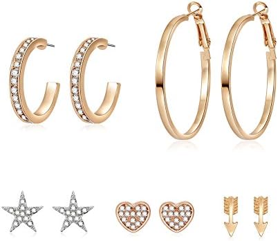 Multiple Punk Assorted Heart Ball Clear Crystal Hoop Earring Set Synthetic Pearls Silver Stud Earring Set