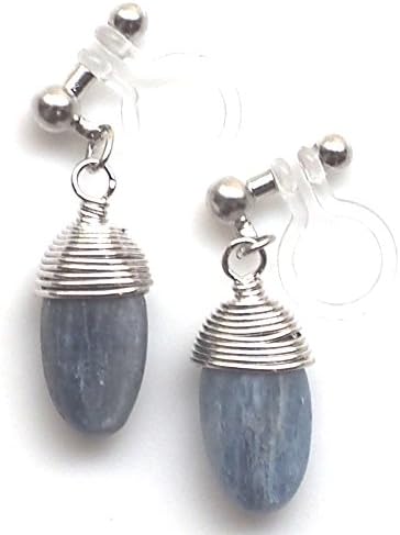 Modern Blue Kyanite Drop Invisible Clip On Earrings for Non Pierced Ears by Miyabi Grace, Silver tone