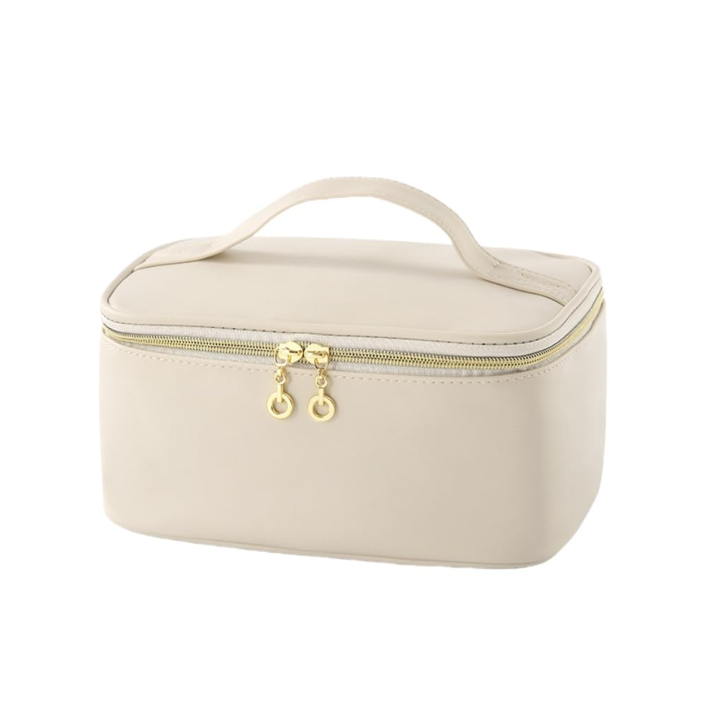 LoveFirst Travel Makeup Bag Portable Cosmetic Bags with Brush Compartment with Handle Large Capacity Pu Material Waterproof Cosmetic Organiser Toiletry Bag for Women Travel Essentials(Colour: Beige)
