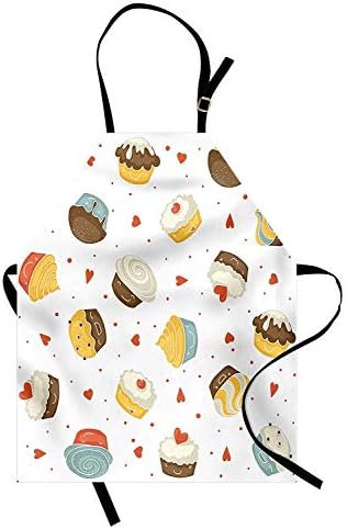 WAZZIT Dessert Apron Cartoon Pattern with Muffins and Cupcakes on White Background with Hearts and Dots Kitchen Bib Apron Unisex with Neck Strap for Cooking Baking Barbecuing, Multicolor