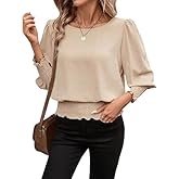 VeraieSien Banded Bottom Tops for Women Smocked Tops Elastic Cinched Waist Top Dressy Blouse 3/4 Length Sleeve Casual Outfits