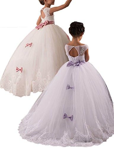Mulanbridal Lace Appliques Beads O-neck Princess Wedding Pageant First Communion Dresses White/Lilac 9T