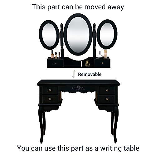 Vanity Makeup Table Set Tri-Folding Mirror Dressing Table with Padded Stool and 6 Drawers, Bedroom Vanity Table Writing Desk with Removable for Girls Women,Black