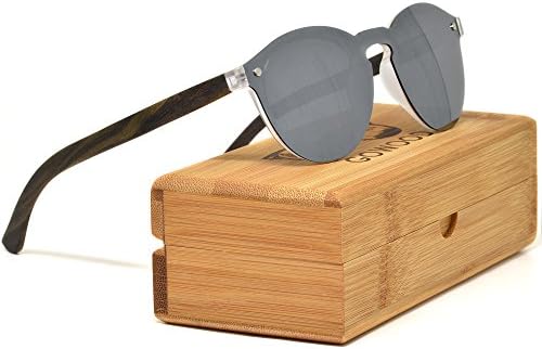 Round Reflective Wood Sunglasses For Women & Men with Special One Piece Style Polarized Lens and with Wood Box