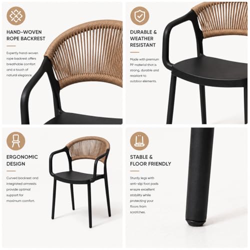 MARCOLO Chair with Arms, Outdoor Plastic Dining Armchair, Weather & UV Resistant Patio Chair for Balcony, Garden, Kitchen & Indoor Outdoor Use, Modern Rope-Style Design, 41x53.5x82cm (Black)