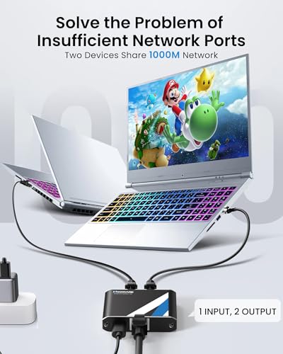 Gigabit Ethernet Splitter 1 to 2, 1000Mbps RJ45 Internet Splitter 2 Port with 3.3FT LAN Cable, Dual Network Adapter for Cat5e/6/7/8, Support 2 Devices Simultaneously