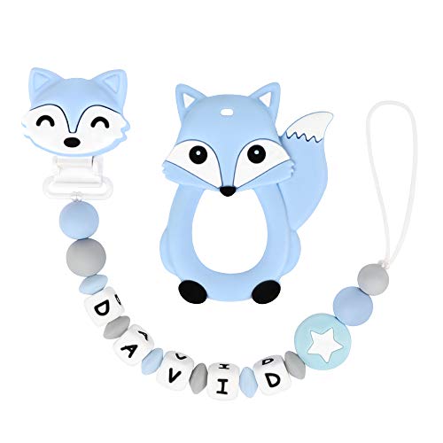 Pacifier Clip Personalized Name with Fox Teether, MCGMITT Customized Binky Holder Teething Silicone Beads for Baby Boys (Blue)