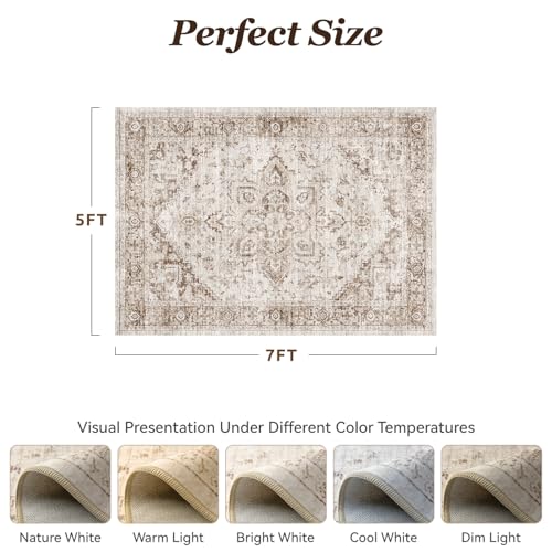 PADOOR 5×7 Area Rug for Living Room, Machine Washable Soft Large Bedroom Rug, Non-Slip Durable Low Pile Vintage Rug, Easy Clean Indoor Carpet for Hall, Kitchen, Dorm, Nursery, Office in Beige