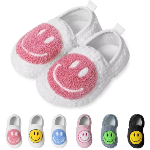 KEYUSHOP Smile Face Toddler Kids Slippers - Cute Soft Plush Non-Slip Rubber Sole Socks Shoes - Warm, Lightweight, Outdoor Walking Shoes