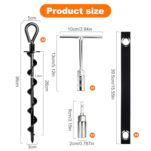 36cm Ground Anchor, Steel Screw On Pegs, Heavy Duty Ground Anchors for Trampoline, Tents, Swings and Camping, Rustproof Tent Pegs for Outdoor Fixing,4