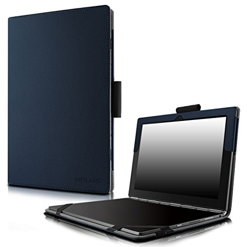Infiland Lenovo Yoga Book Case, Folio Premium PU Leather Stand Cover For Lenovo Yoga Book 2-in-1 10.1-Inch tablet (Android and Windows Version) -Navy