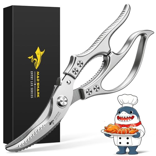 MAD SHARK Heavy Duty Poultry Shears, Kitchen Shears with Non-Slip Handle & Safety Lock, All Purpose Kitchen Scissors for Chicken, Meat Cutting, Turkey, Fish, Vegetables, Spring Loaded, Dishwasher Safe