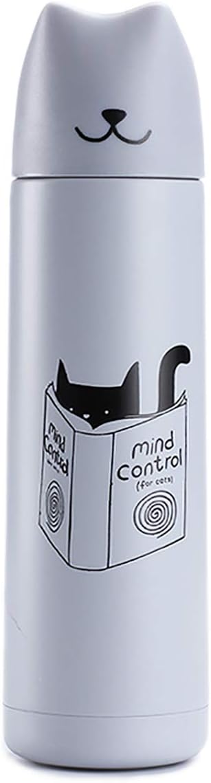17oz Cat Tumbler Cute Cat Thermos Mug with Pourable Stopper Leak-proof Stainless Steel Double Wall Vacuum Insulated Flask for Kid Women Cat Lovers Gift(Gray)