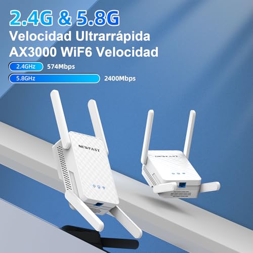 NEWFAST WiFi Repeater 3000Mbps WiFi Signal Amplifier AX3000 WiFi Repeater 5.8/2.4GHz, Gigabit Port, 4 Antennas, WPA3, IEEE802.11ax/AC/b/g/n