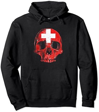 Unisex Switzerland Flag Skull Hoodie Distressed Vintage Swiss Gift XL: Black
