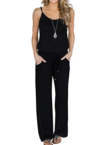 MIHOLL Women's Summer Striped Jumpsuit Casual Loose Sleeveless Jumpsuit Rompers (Large, B-Black) (Best Rompers For Long Torsos)