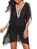 luvamia Women's Crochet Lace Trim Cutout Plunge Neck Chiffon Swimsuit Cover Up