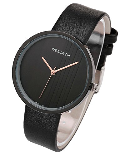 JSDDE Uhren,Elegant Armbanduhr Japanische Uhrwerk Ultra Dünn Gehäuse Gestreift Dial Lederband 3ATM Analog Qaurzuhr,Schwarz