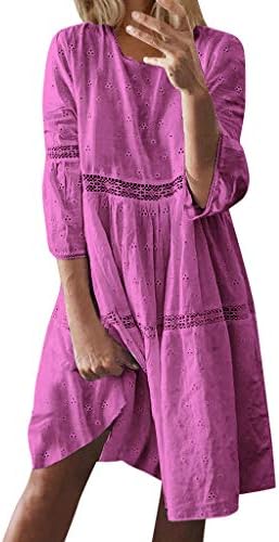 Summer Women's Crew Neck Dresses Hollow Out Splice Loose Dress, Ladies Boho 3/4 Sleeve Mid-Long Dresses Summer Beach Midi Dresses