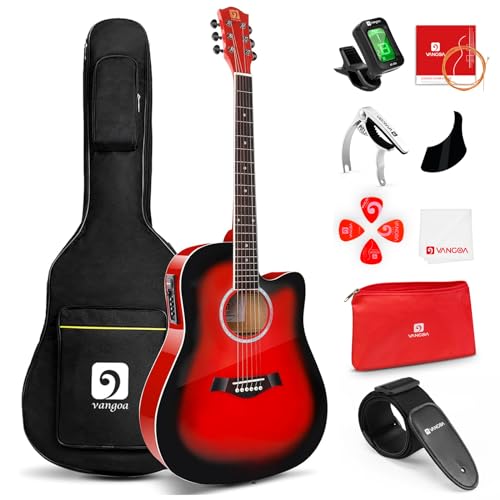 Vangoa Electro Acoustic Guitar 41 Inches Cutaway Full-Size Acoustic Guitar with 4 Band EQ, Beginner Kits, Red