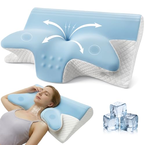 Honfay Almohada ergonómica para el Cuello, Almohada 2 en 1 de Espuma viscoelástica, Almohada Cervical para quienes Duermen de Lado, Boca Arriba o Boca Abajo, 60 x 40 x 12/14 cm (Azul Marino)