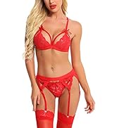 RSLOVE Women Lingerie Sets with Garter Belt 3 Piece Lace Teddy Babydoll Bodysuit